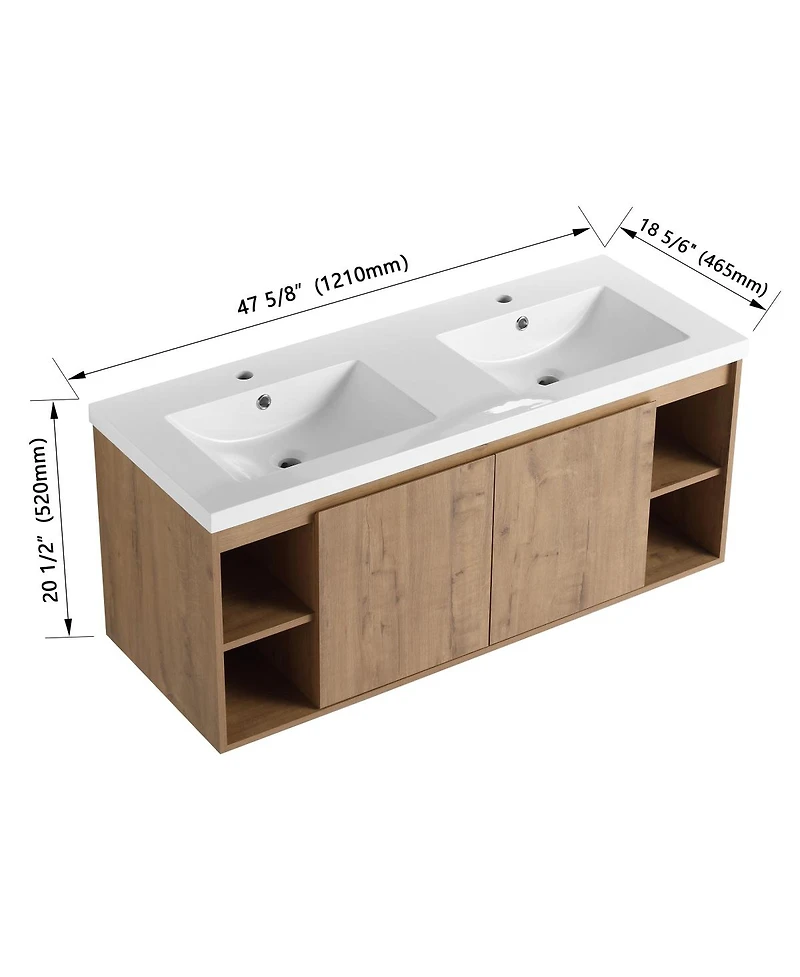 Sillysis 47.6 Inch Wall Mounted Double Sink Bathroom Vanity with Open Storage and Soft Close Doors, Modern Plywood Cabinet