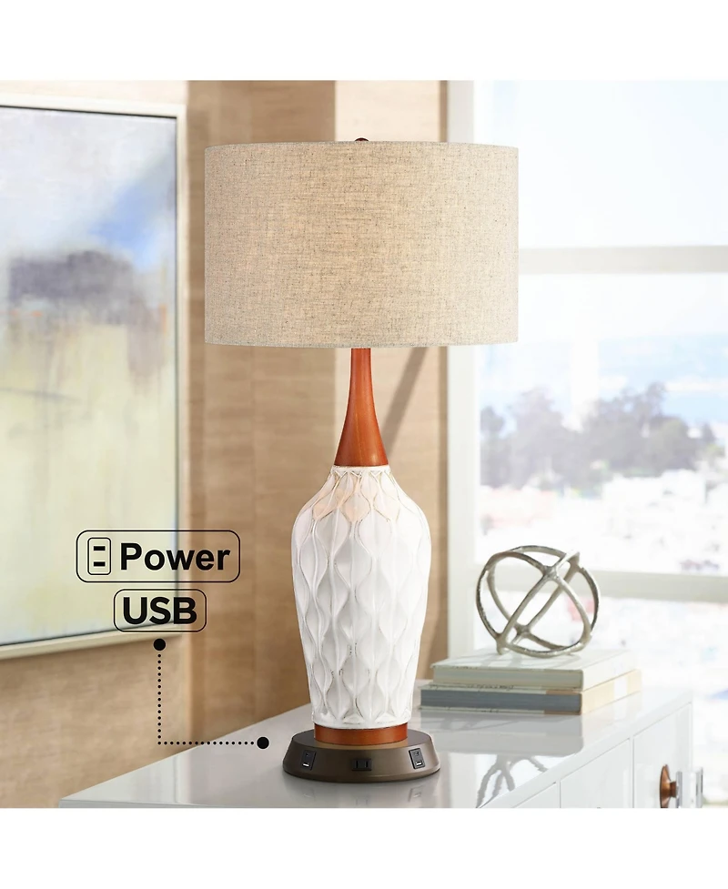360 Lighting Mid Century Modern Table Lamp with Usb and Ac Power Outlet Workstation Charging Base 30" Tall Ceramic Drum Shade Bedroom