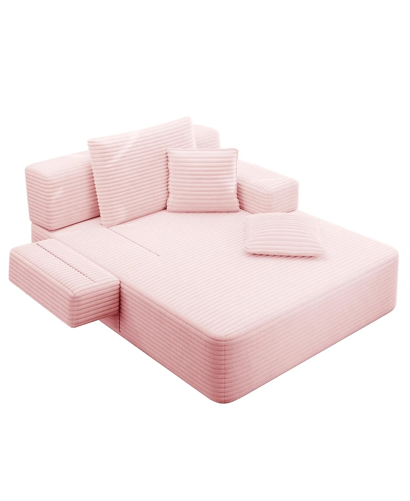 Clihome Luxurious Plush Corduroy Chaise Lounge with 3 Pillows, Convertible Sofa Bed Storage Pocket for Small Spaces, Living Room