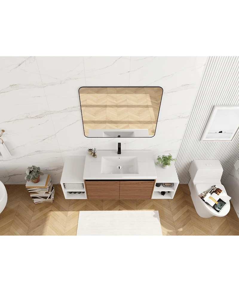 Sillysis Wall Mounted Bathroom Vanity with Resin Sink and Open Storage Shelves for Small Modern