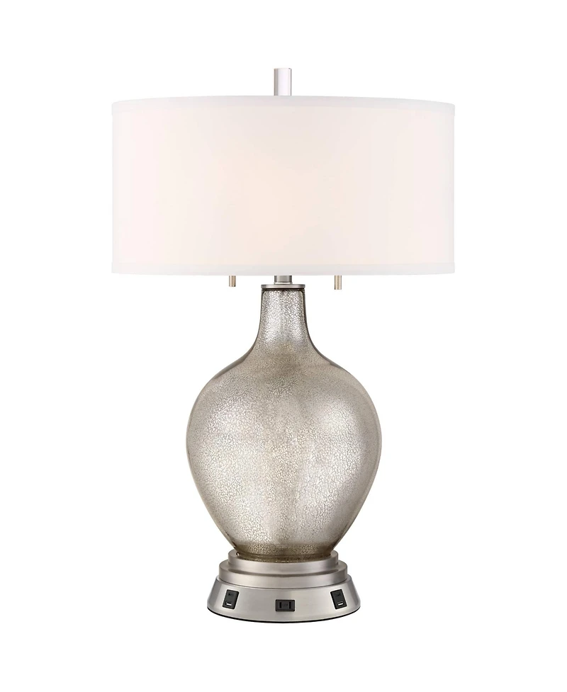 Possini Euro Design Louie Modern Table Lamp 28 1/2" Tall Mercury with Usb and Ac Power Outlet in Base Glass Drum Shade for Bedroom Living Room Bedside