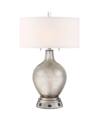 Possini Euro Design Louie Modern Table Lamp 28 1/2" Tall Mercury with Usb and Ac Power Outlet in Base Glass Drum Shade for Bedroom Living Room Bedside