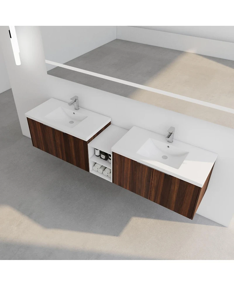 Sillysis Wall Mounted Double Bathroom Vanity with Resin Sinks, Plywood Cabinets and Open Storage for Modern Bathrooms