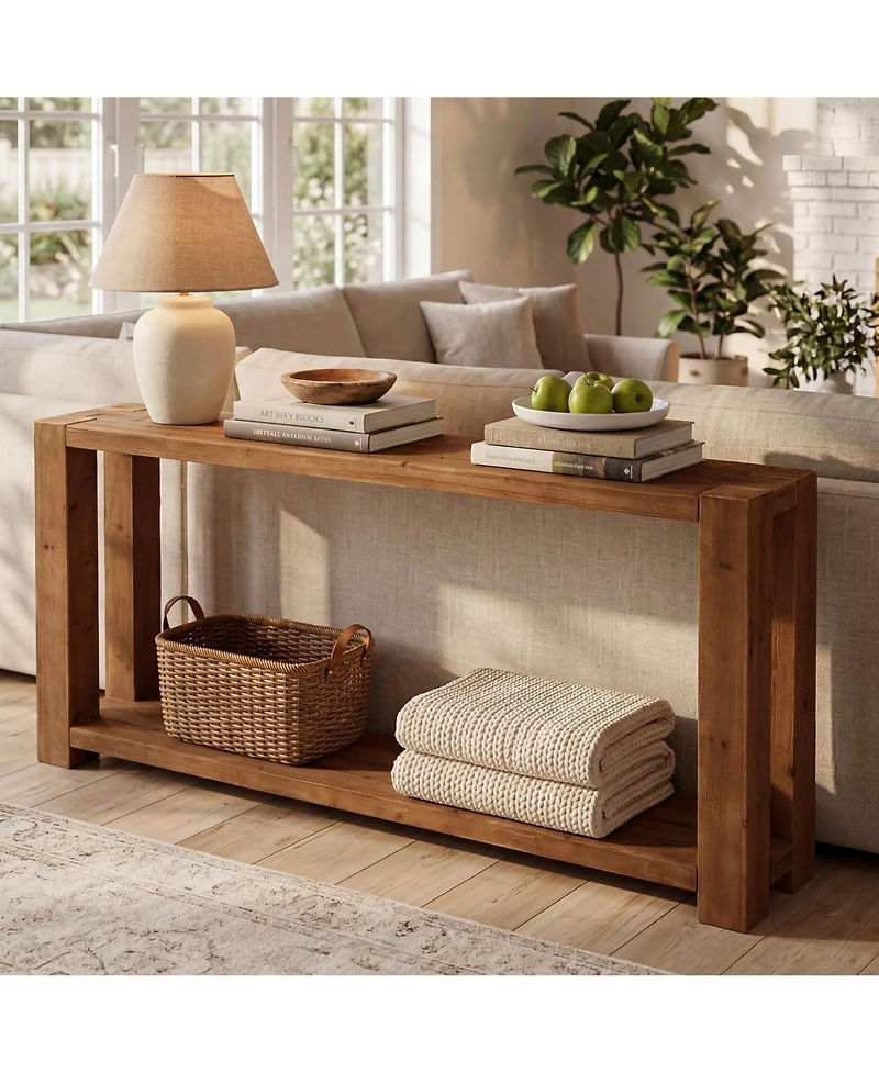 Tribesigns 2-Tier Solid Wood Console Table, 63-Inch Narrow Long Wooden Entryway Table with Open Storage Shelf