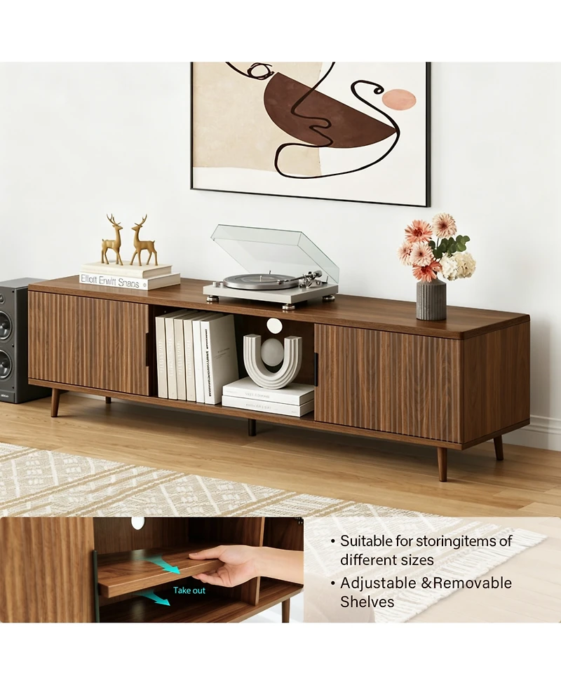 Rainsken Fluted Tv Stands, with Storage and Open Shelves, Mid Century Modern Entertainment Center, for Living Room, Bedroom