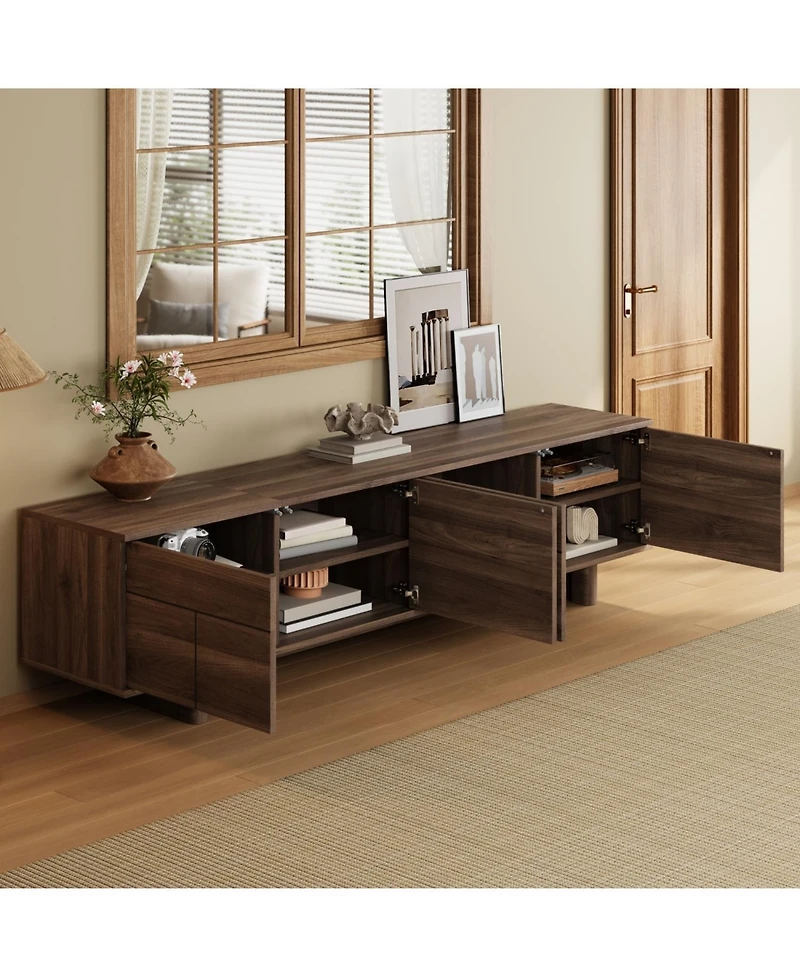 Rainsken 70 inch Modern Tv Stand, for TVs up to 85 inch, Push Open Doors Soft Close Hinges Cable Management 4 Doors Storage, for Living Room
