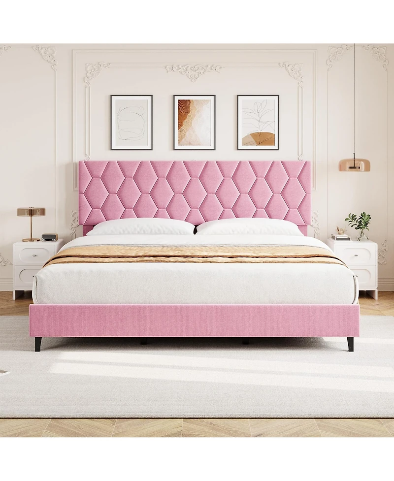 homfan Bed Frame with Upholstered Headboard, Heavy-Duty Platform Bed Frame with Strong Wood Slats, No Box Spring Needed, Noise Free, Easy Assembly