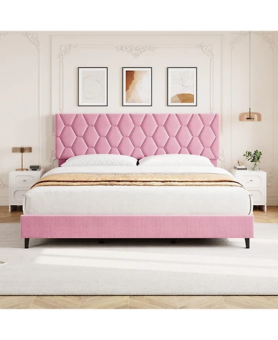 homfan Bed Frame with Upholstered Headboard, Heavy-Duty Platform Bed Frame with Strong Wood Slats, No Box Spring Needed, Noise Free, Easy Assembly