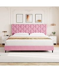 homfan Bed Frame with Upholstered Headboard, Heavy-Duty Platform Bed Frame with Strong Wood Slats, No Box Spring Needed, Noise Free, Easy Assembly