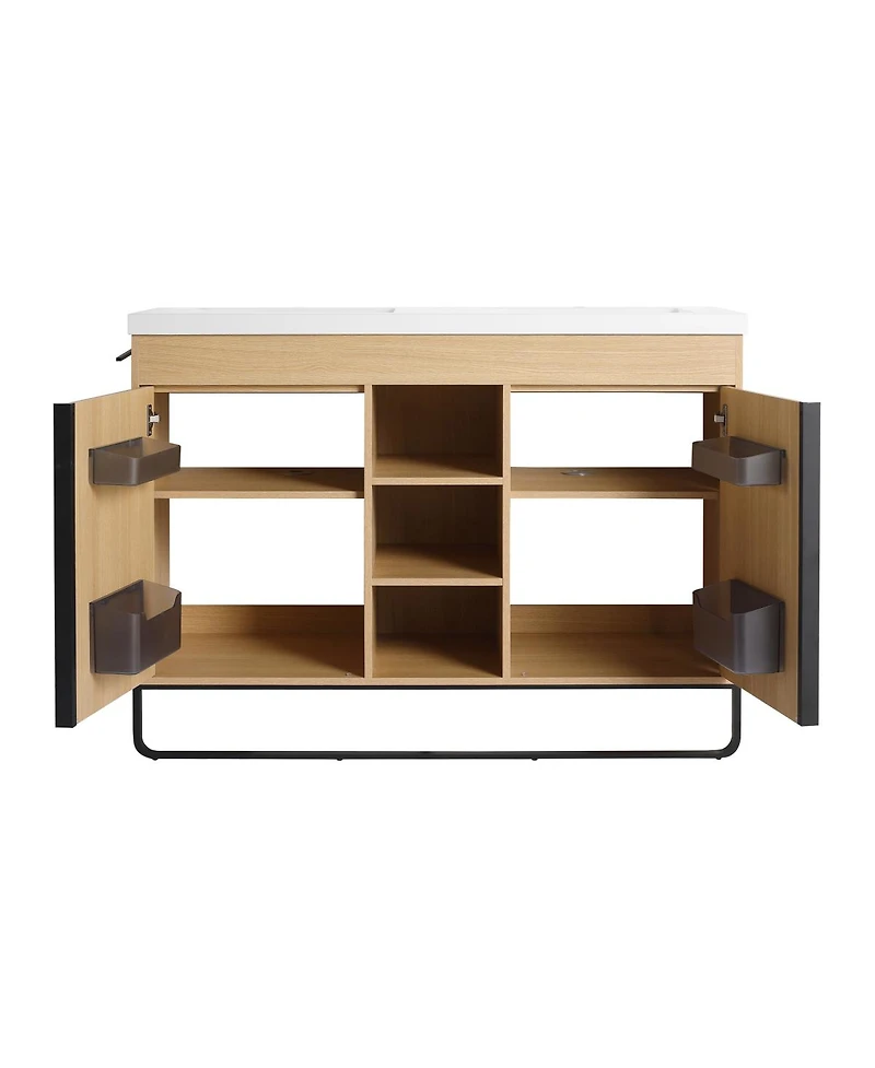 Sillysis 47.6 Inch Freestanding Double Sink Bathroom Vanity with Soft Close Doors, Open Shelves and Storage Boxes, Modern Plywood Cabinet