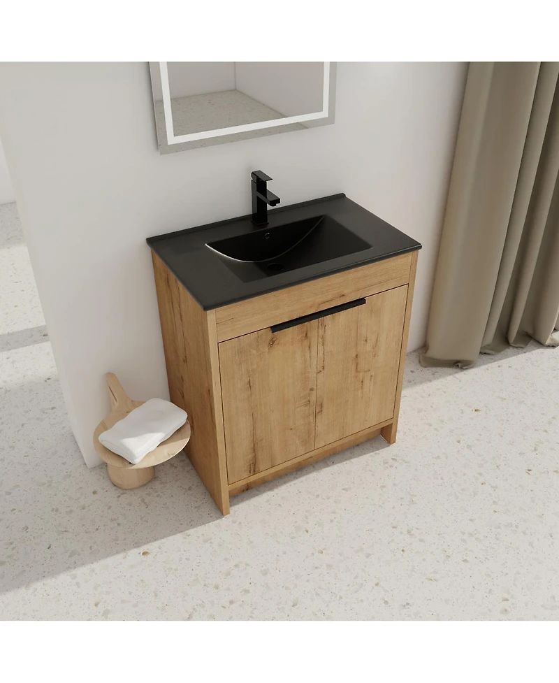 Sillysis Freestanding Bathroom Vanity with Ceramic Sink, Plywood Cabinet and Adjustable Shelf for Modern Bathrooms