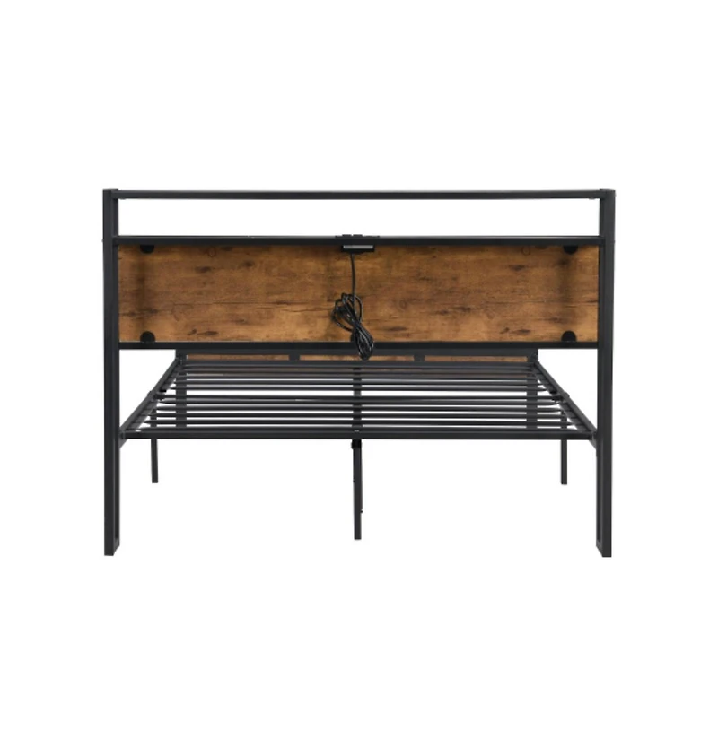 Lucky One Queen Size Metal Platform Bed Frame with Wooden Headboard and Footboard, Usb Ports, No Box Spring Needed, 10inch Under-Bed Storage