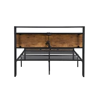 Lucky One Queen Size Metal Platform Bed Frame with Wooden Headboard and Footboard, Usb Ports, No Box Spring Needed, 10inch Under-Bed Storage