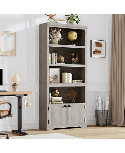 homfan 5-Tier Modern Storage Cabinet with Doors and Adjustable Shelves, Anti-Slip Tall Bookcase for Home Office, Living Room, Study, Library