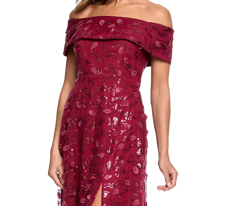 Xscape Petite 3D Embellished Mesh Off-The-Shoulder Ball Gown
