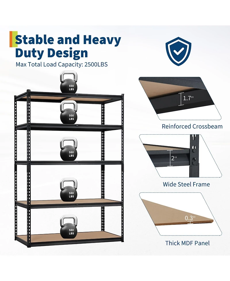 homfan 5 Tier Storage Shelf, Heavy Duty Metal Shelving Unit with Adjustable Shelves for Pantry or Basement