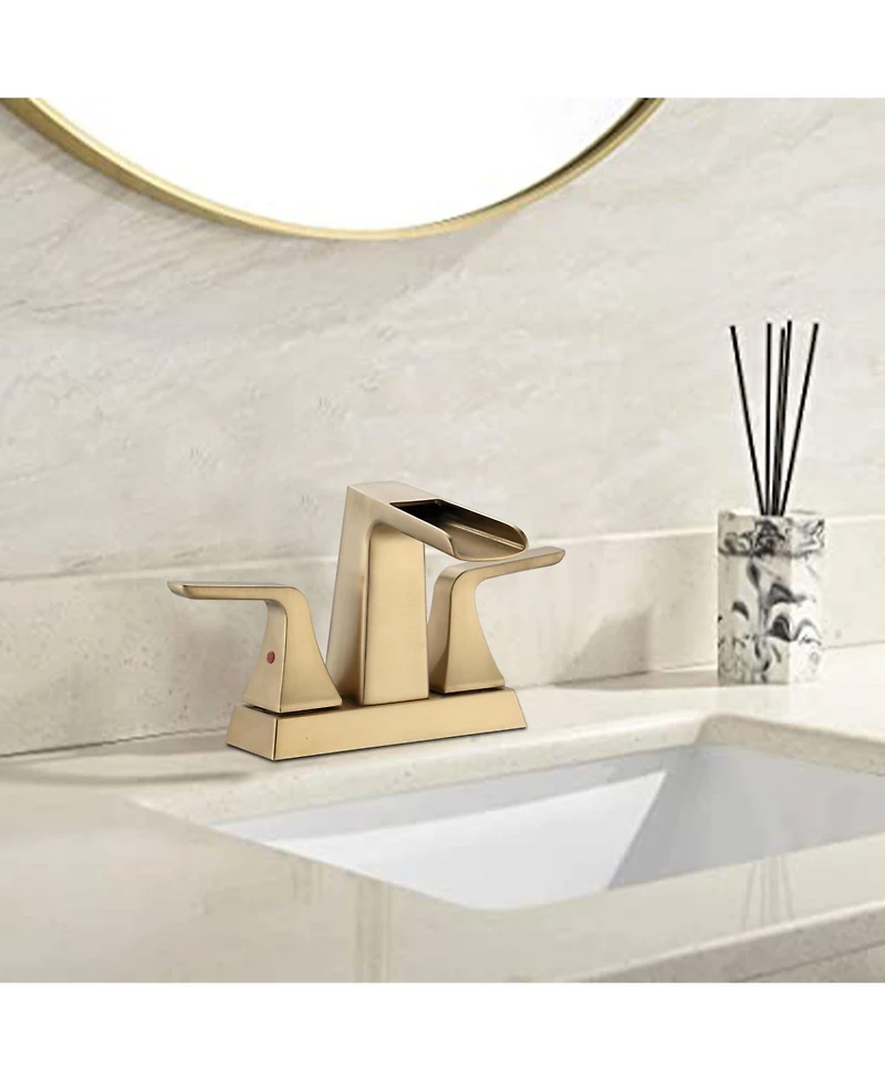 Midola Two Handle 4 Inch Centerset Waterfall Bathroom Sink Faucet, Brushed Golden