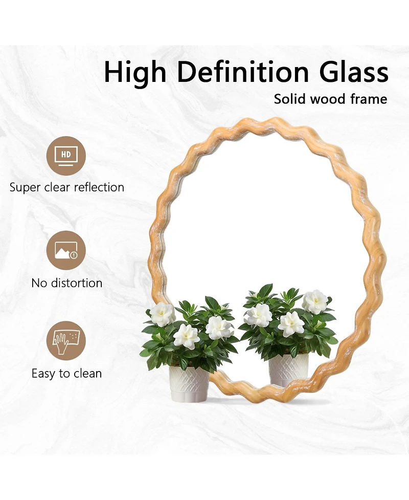 Midola 27.5" Round Wavy Wall Mirror for Bathroom Vanity, Wooden Farmhouse Circle Mirrors for Bedroom, Entryway, Living Room, Kitchen