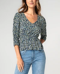 Liverpool Los Angeles Women's Ruched Sleeve V-Neck Knit Top