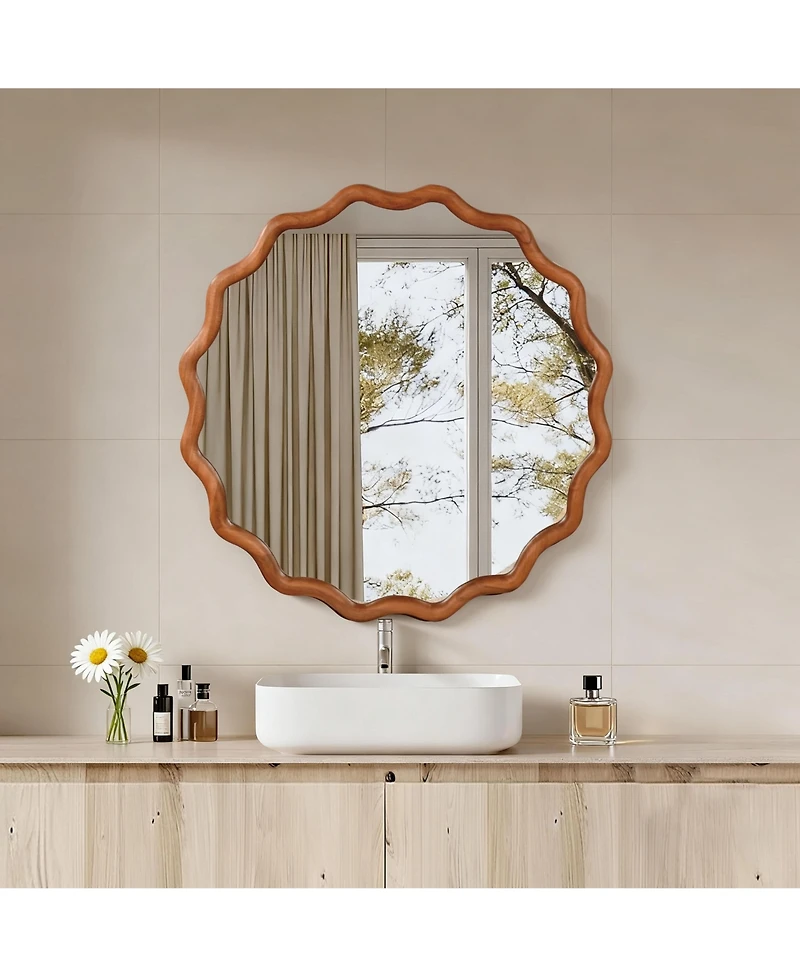 Midola 30-inch Wavy Round Solid Wood Frame Decorative Mirror, For Bedroom, Bathroom, Living Room, Entryway