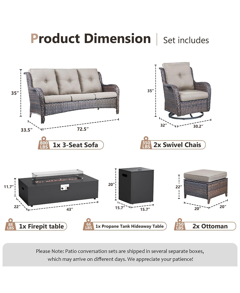 Pocassy 7 Pieces Outdoor Patio Furniture Sets with Fire Pit Kit,All Weather Wicker Sectional Sofa Swivel Chairs and Thick Cushion