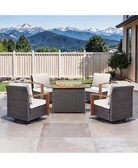 Pocassy Patio Furniture Set with Fire Pit Table, 5 Piece Outdoor Swivel Rocker Chairs, Wicker Rattan Thickened Cushion