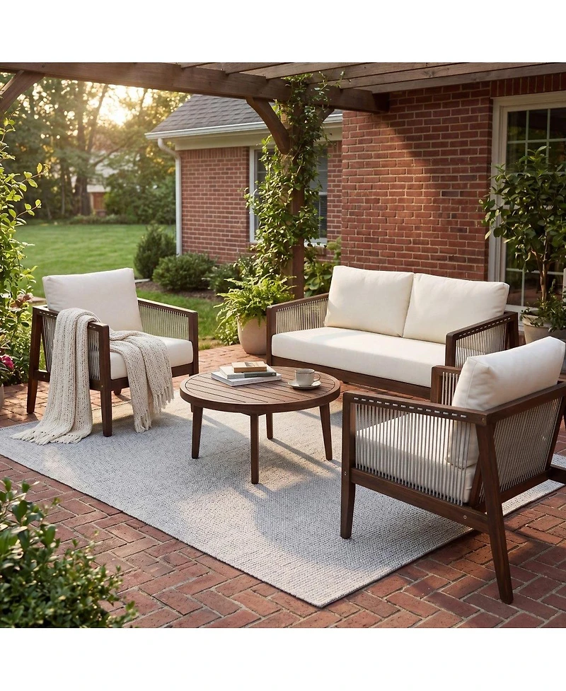Asagikoiai Outdoor Acacia Wood Rope Patio Sofa Set with Water Repellent Cushions