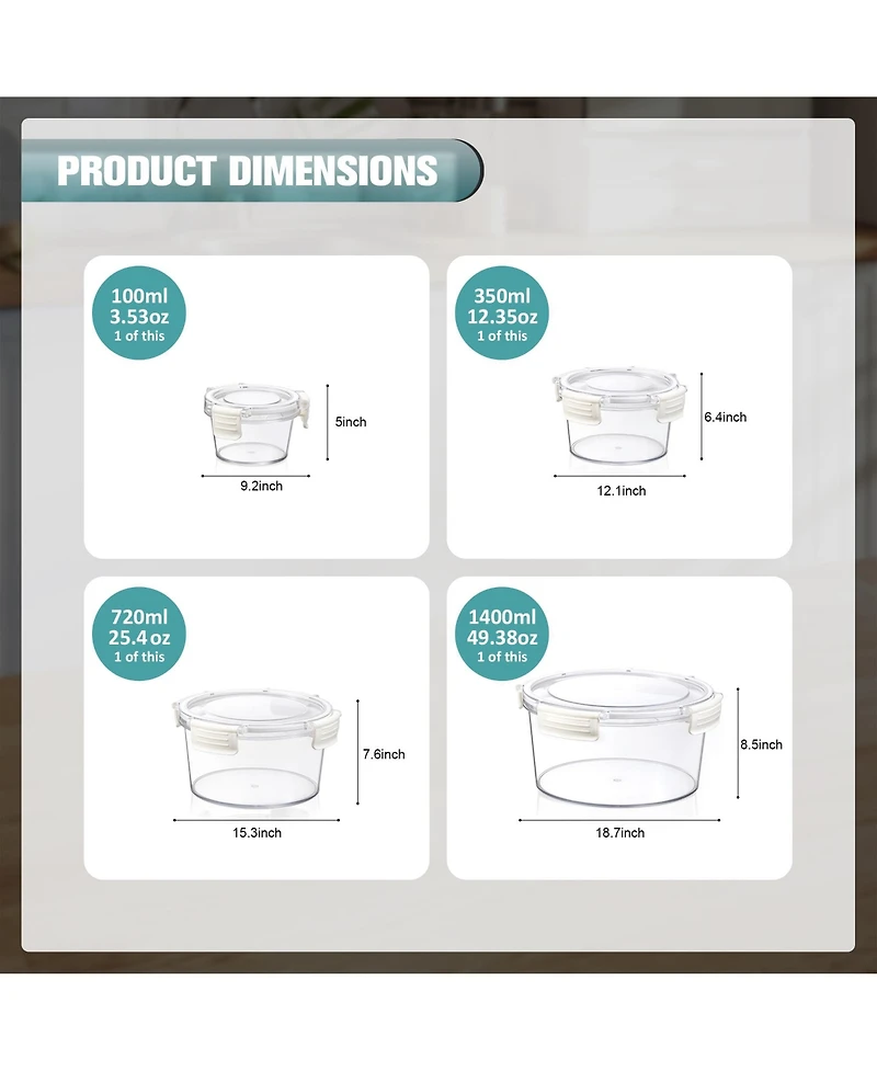Sorbus Clear 4 Pack Round Stackable Food Storage Bowls with Airtight Lids for Pantry, Fridge, Mealprep and More