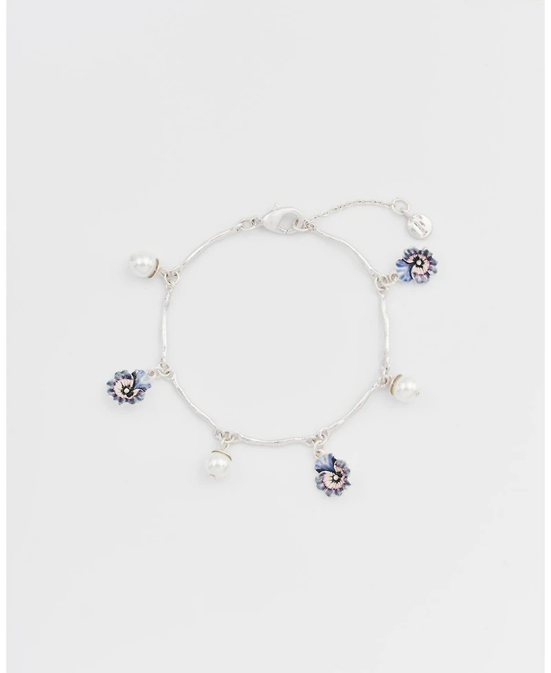 Fable England Silver Pansy and Pearl Charm Bracelet