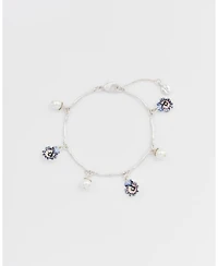 Fable England Silver Pansy and Pearl Charm Bracelet