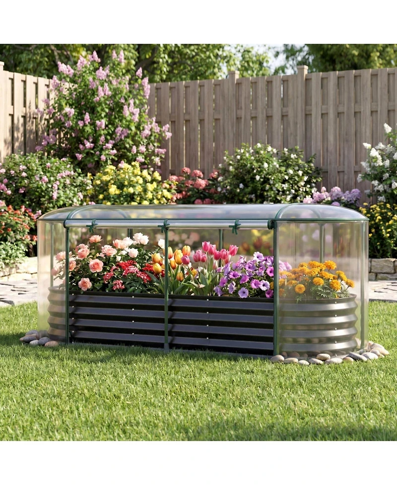 Gouun Outdoor Color Steel Raised Garden Bed with Greenhouse Cover Roll-Up Window