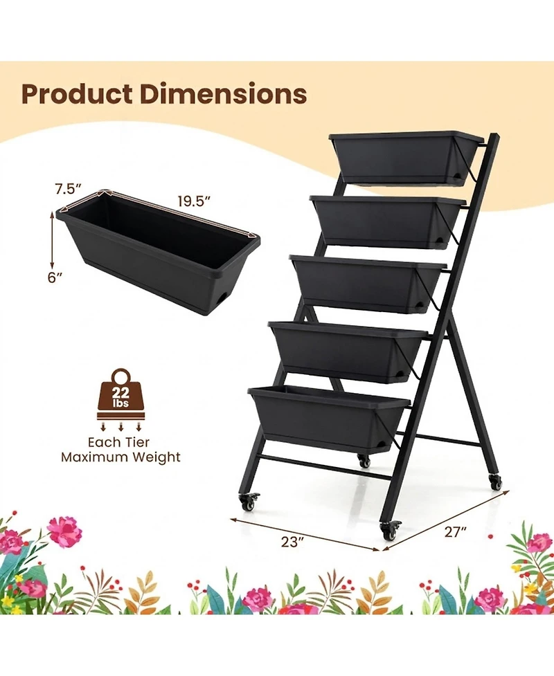 Gouun 5-Tier Vertical Raised Garden Bed with Wheels for Backyard Gardening