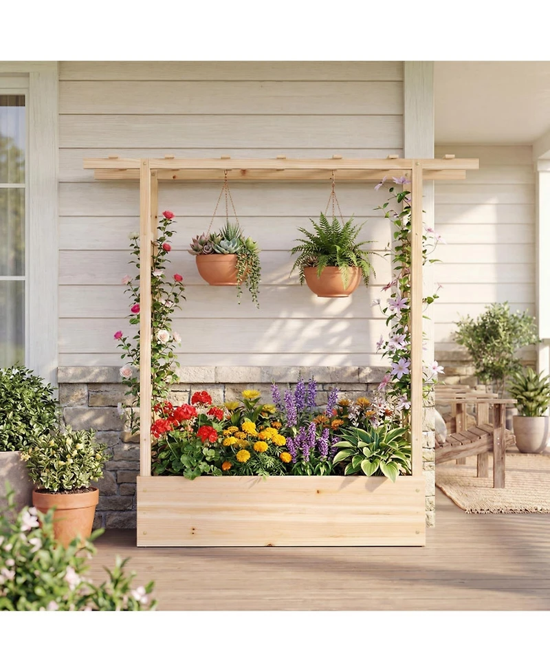 Gouun 45 in Tall Wooden Raised Garden Bed with Side Trellis and Hanging Roof