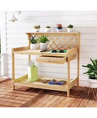Gouun Wooden Garden Potting Bench with Lattice Trellis and Drawer
