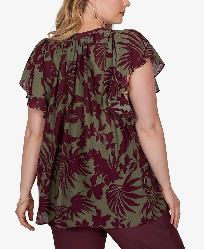 Ruby Rd. Plus Tropical Print Gauze Flutter-Sleeve Top