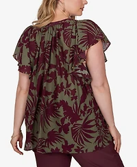 Ruby Rd. Plus Tropical Print Gauze Flutter-Sleeve Top