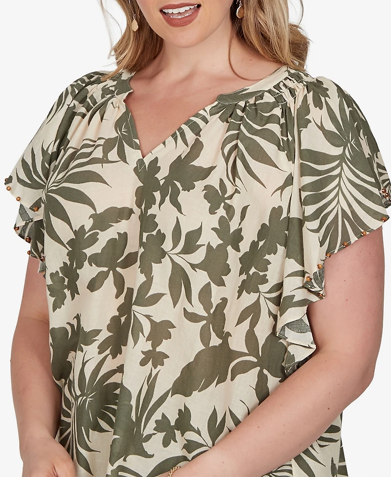Ruby Rd. Plus Size Tropical Print Gauze Flutter-Sleeve Top