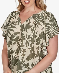 Ruby Rd. Plus Size Tropical Print Gauze Flutter-Sleeve Top
