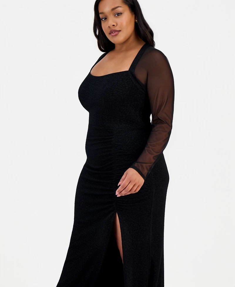 City Studios Trendy Plus Mesh-Sleeve High-Slit Gown