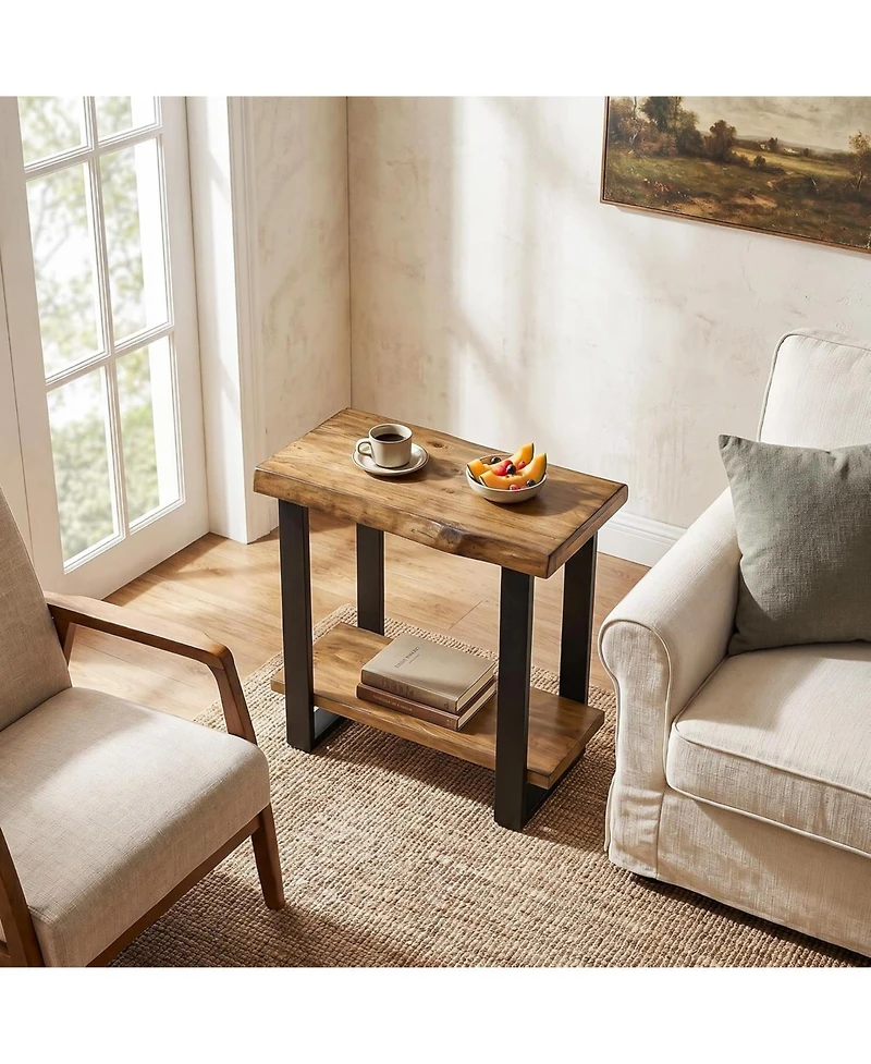 Tribesigns Solid Wood Side Table, Industrial Pine Wood Nightstand with Iron Frame, 2-Tier Storage Shelf