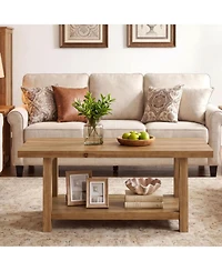 Tribesigns Rustic Solid Wood Coffee Table, 2-Tier Rectangle Accent Center Table with Lower Storage Shelf, Farmhouse Simple Cocktail Tea Tables