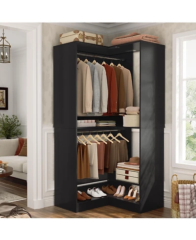 Corner Closet System with Upper & Lower Hanging Areas, Wardrobe Organizer Shoe Shelf