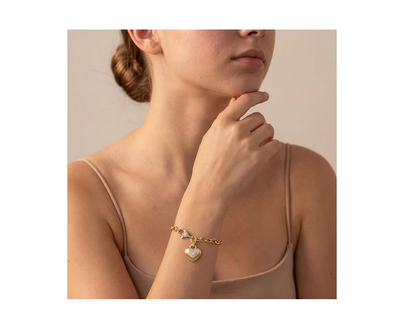 Rachel Glauber Matte 14K Gold Plated Cz Puff Heart Charm Chain Bracelet