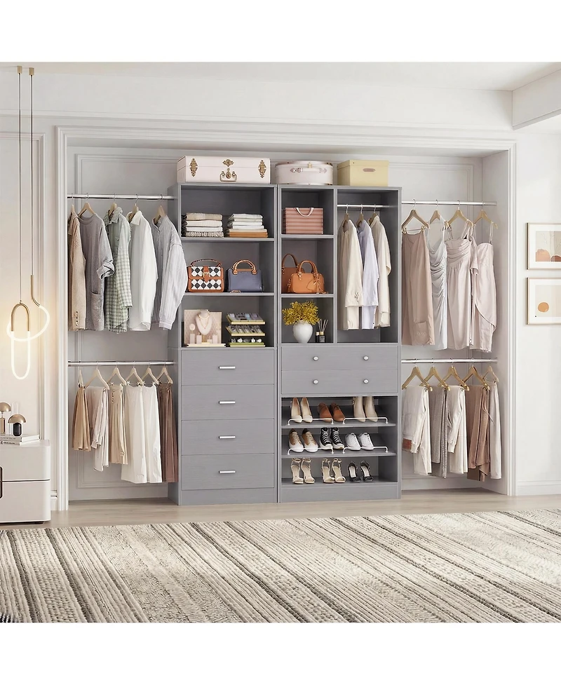 Aheaplus Wooden Closet System Set with 6 Drawers and 5 Hanging Rods and 6 Shelves