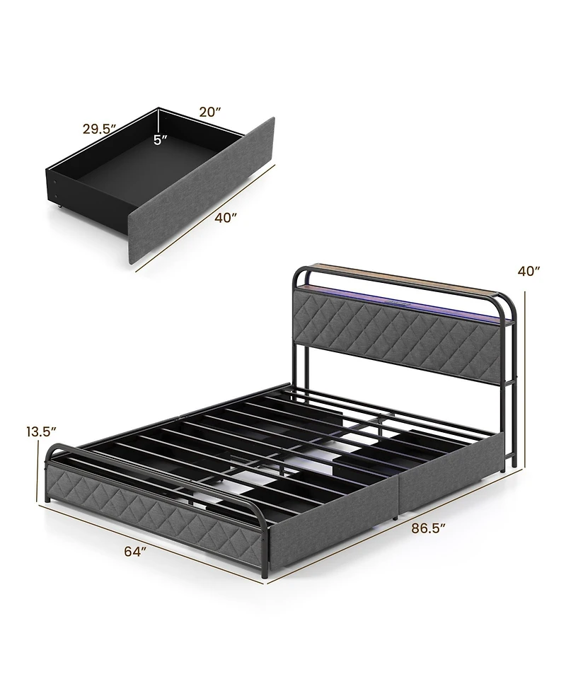 Slickblue Modern Platform Bed Frame with Led Lighting and Power Outlet