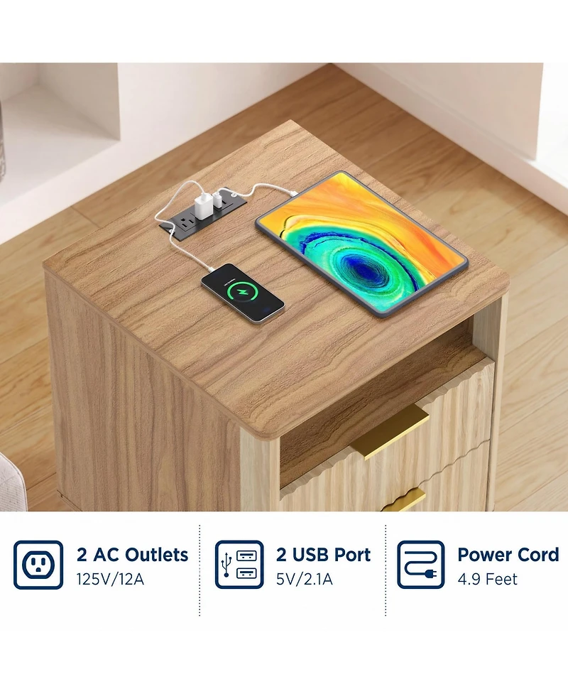 gaomon 18" Modern Fluted Nightstand with Charging Station, Curved Profile Side Table 2 Drawers, Multi-Functional End for Bedroom