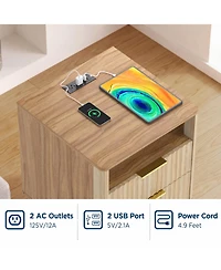 gaomon 18" Modern Fluted Nightstand with Charging Station, Curved Profile Side Table 2 Drawers, Multi-Functional End for Bedroom