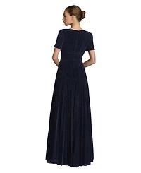 Mac Duggal Women's Pleated Metallic Flutter Sleeve A Line Gown