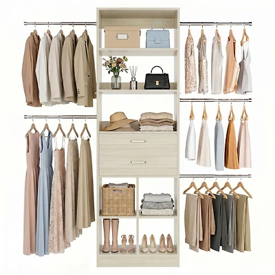 Aheaplus Wooden Closet Organizer with 2 Drawers and 5 Haning Rods