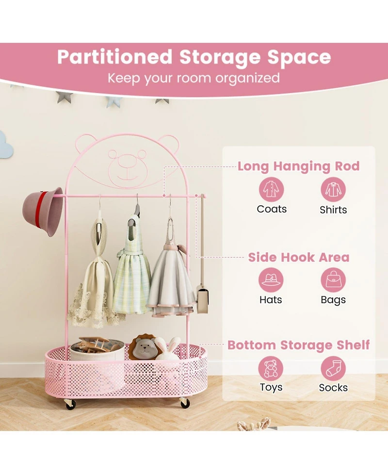 Gouun Kids Clothes Rack with 3 Adjustable Heights and Rolling Wheels Storage
